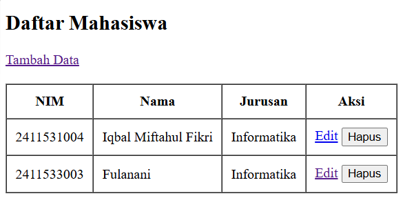 Output daftar mahasiswa setelah edit data
